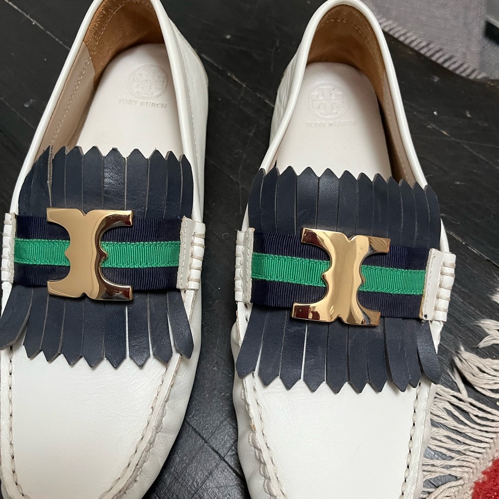 Tory Burch White Loafers with Gold and Green Details